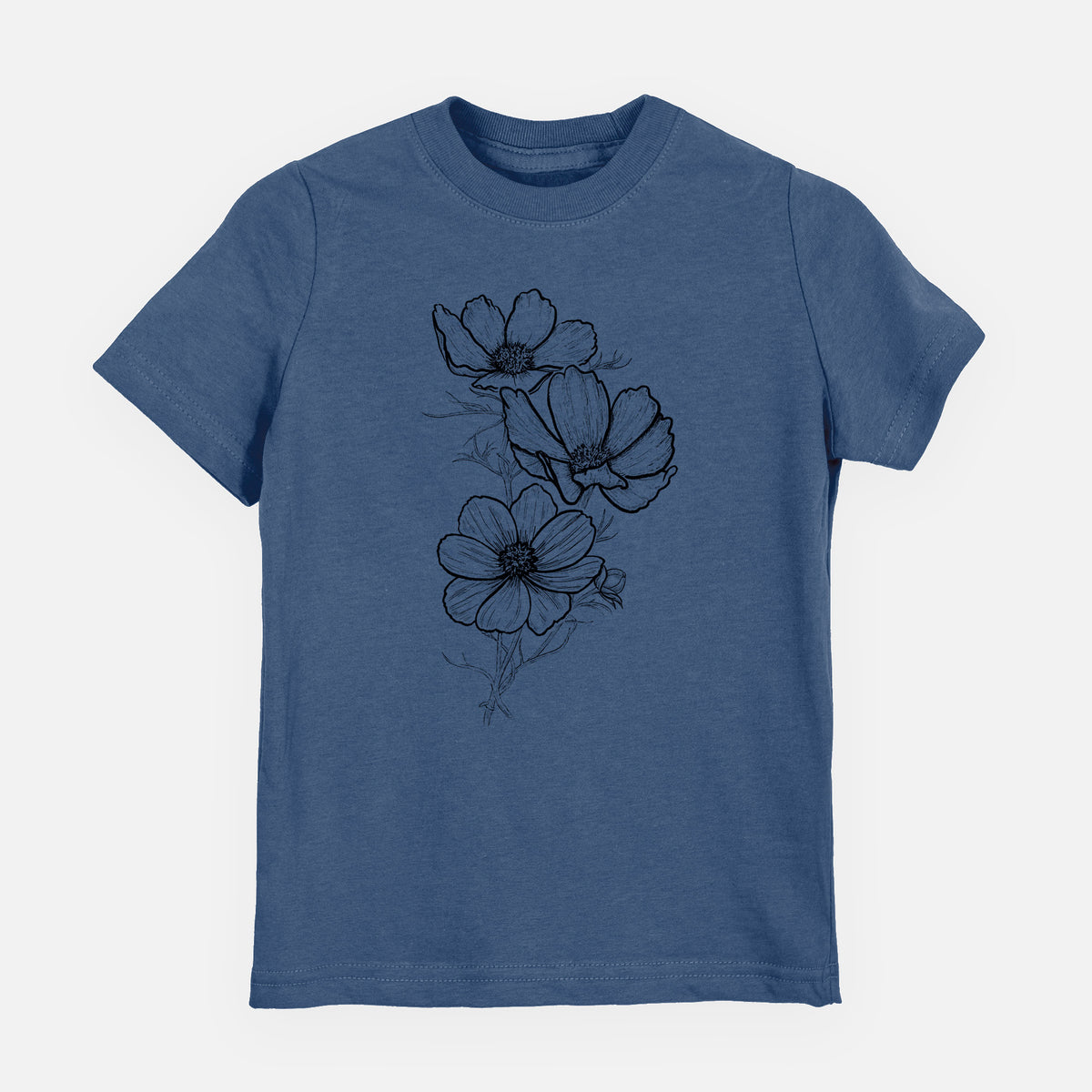 Indigo blue youth t-shirt laid flat, printed with a black ink line drawing of garden cosmos flowers on stems.