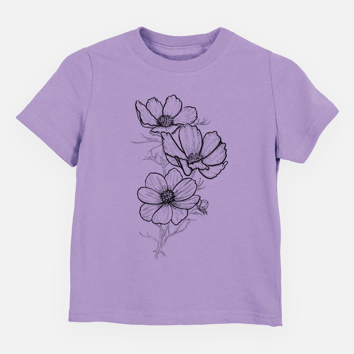 Lavender toddler t-shirt laid flat, printed with a black ink line drawing of garden cosmos flowers on stems.
