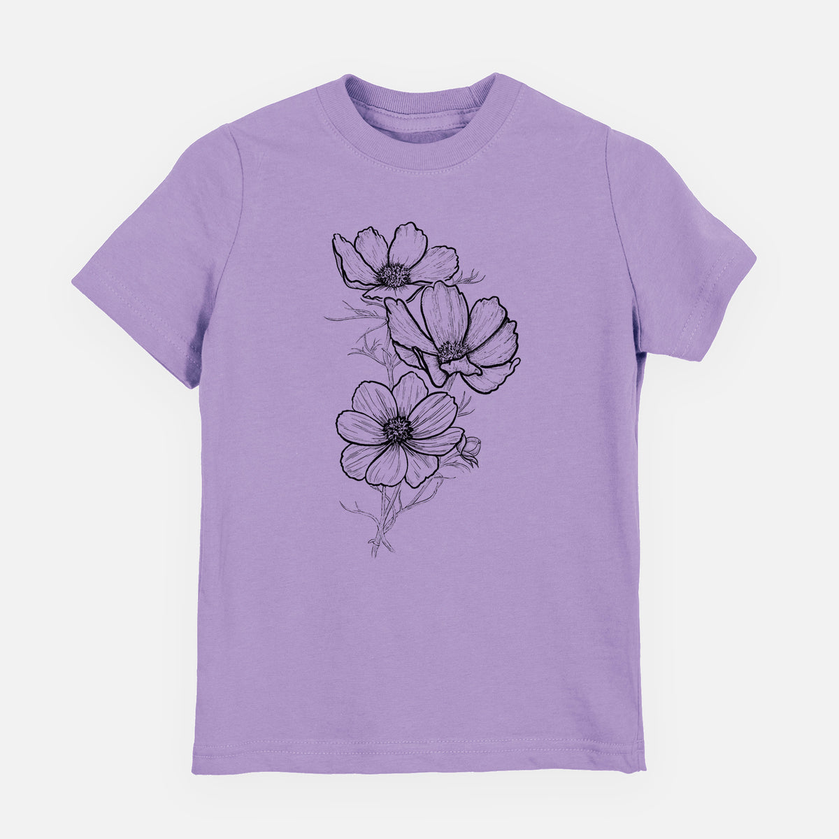 Lavender youth t-shirt laid flat, printed with a black ink line drawing of garden cosmos flowers on stems.