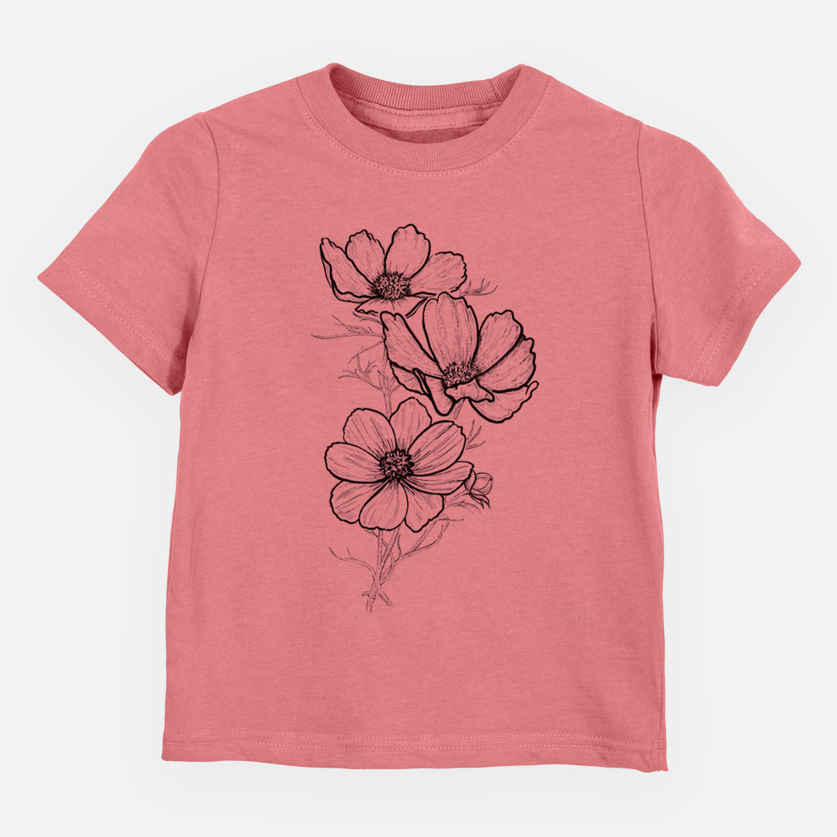 Mauve pink toddler t-shirt laid flat, printed with a black ink line drawing of garden cosmos flowers on stems.