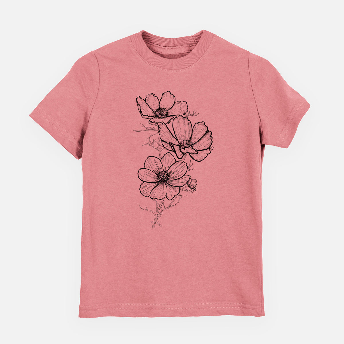 Mauve pink youth t-shirt laid flat, printed with a black ink line drawing of garden cosmos flowers on stems.