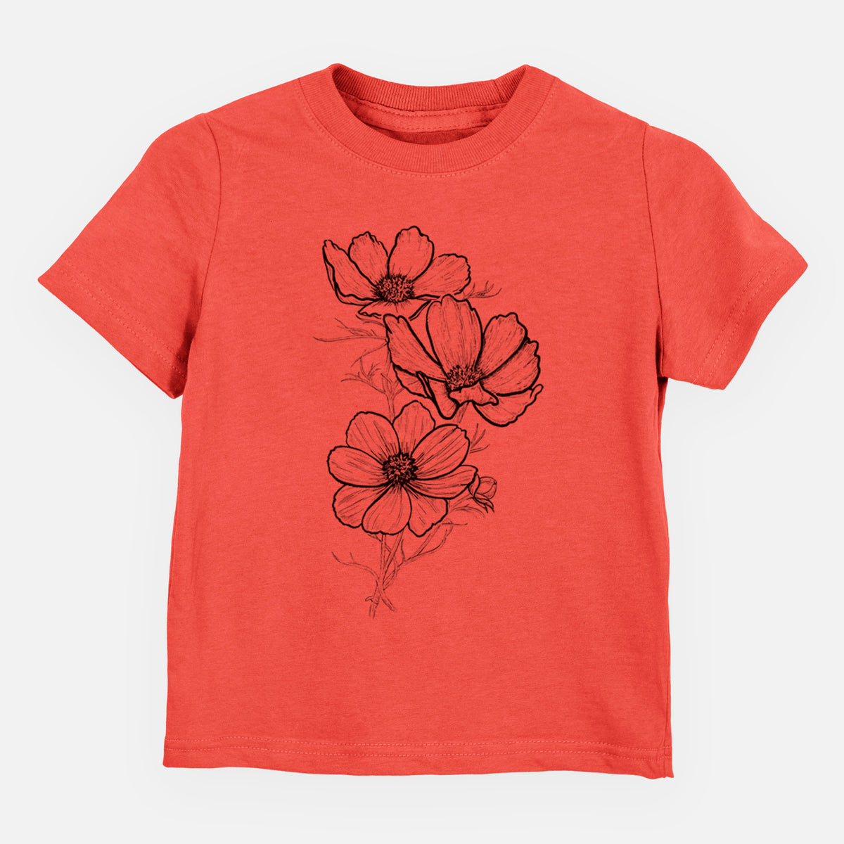 Passionfruit pink toddler t-shirt laid flat, printed with a black ink line drawing of garden cosmos flowers on stems.