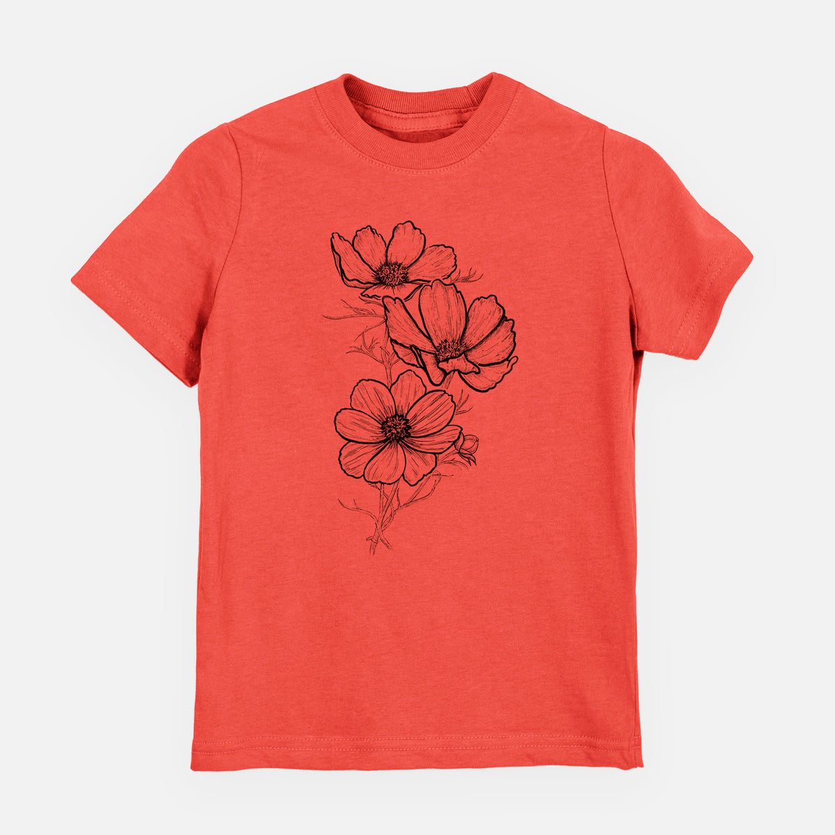 Passionfruit pink youth t-shirt laid flat, printed with a black ink line drawing of garden cosmos flowers on stems.