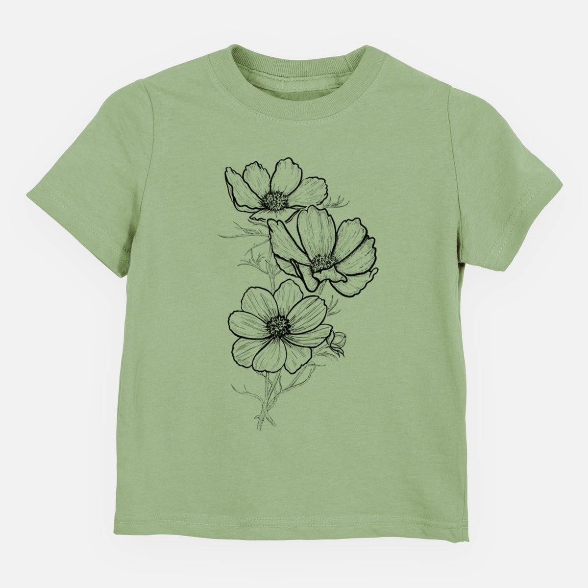 Sage green toddler t-shirt laid flat, printed with a black ink line drawing of garden cosmos flowers on stems.