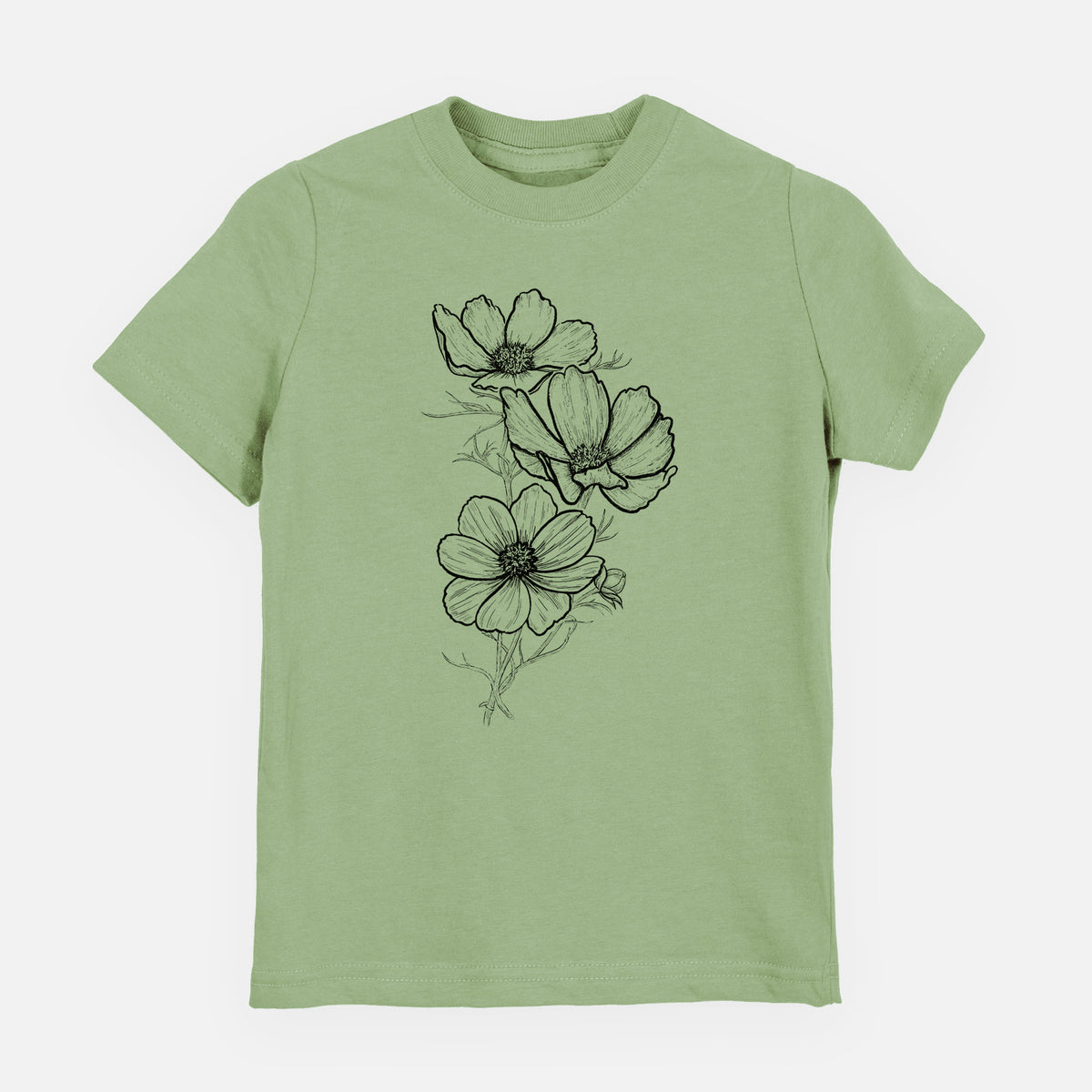 Sage green youth t-shirt laid flat, printed with a black ink line drawing of garden cosmos flowers on stems.