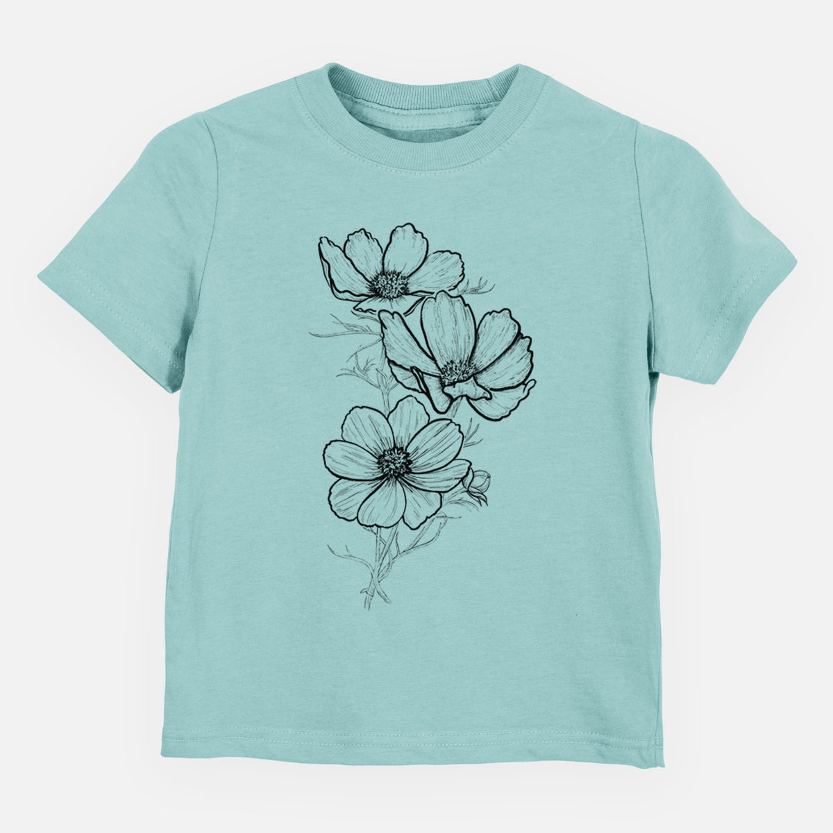 Saltwater toddler t-shirt laid flat, printed with a black ink line drawing of garden cosmos flowers on stems.