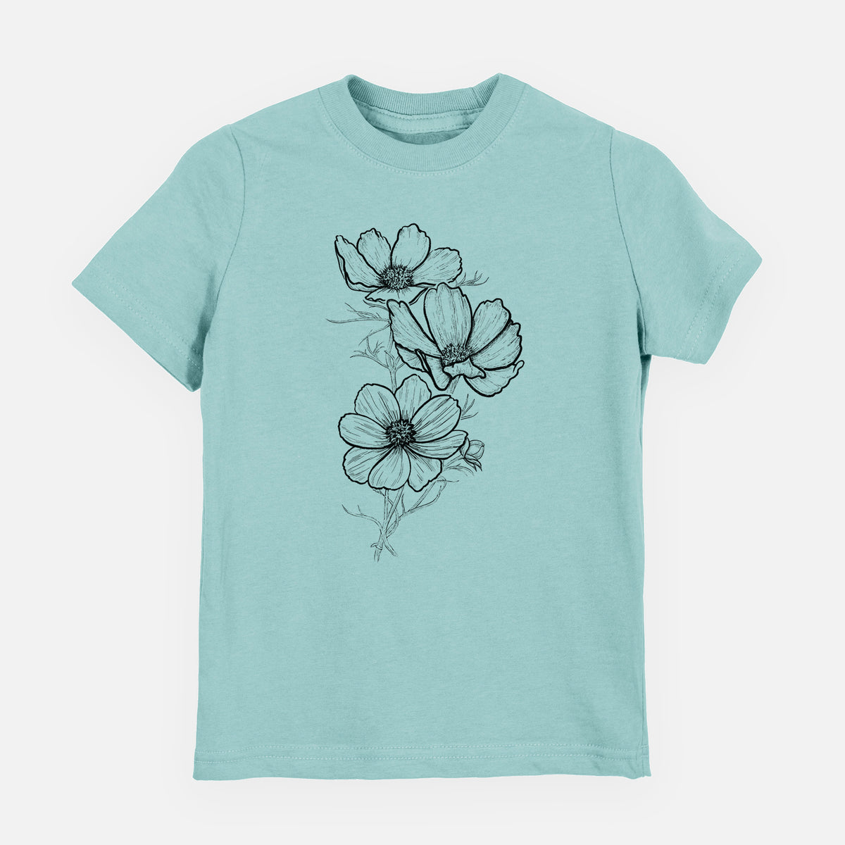 Saltwater youth t-shirt laid flat, printed with a black ink line drawing of garden cosmos flowers on stems.