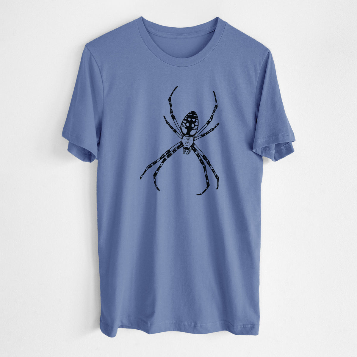Blue bell lightweight cotton t-shirt laid flat, printed with a detailed black ink illustration of a garden spider with long striped legs.