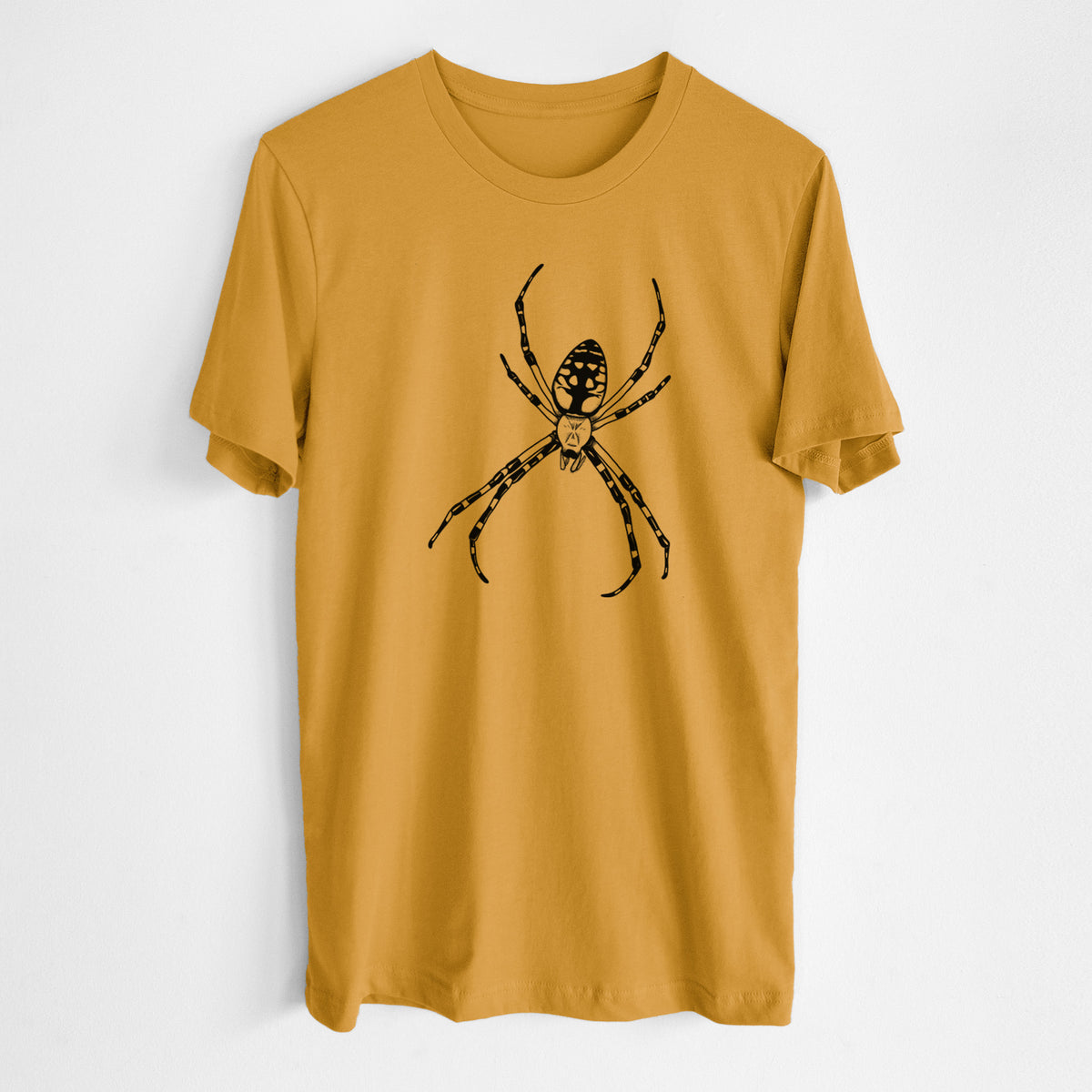Honeycomb yellow lightweight cotton t-shirt laid flat, printed with a detailed black ink illustration of a garden spider with long striped legs.