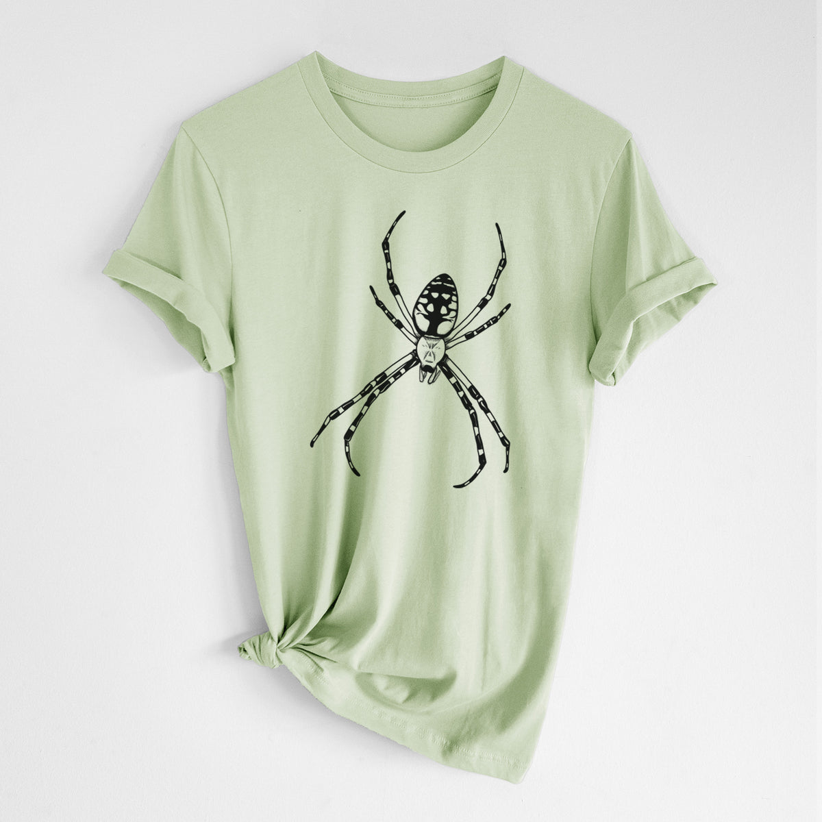 Spring green lightweight cotton t-shirt laid flat with the sleeves rolled, printed with a detailed black ink illustration of a garden spider with long striped legs.