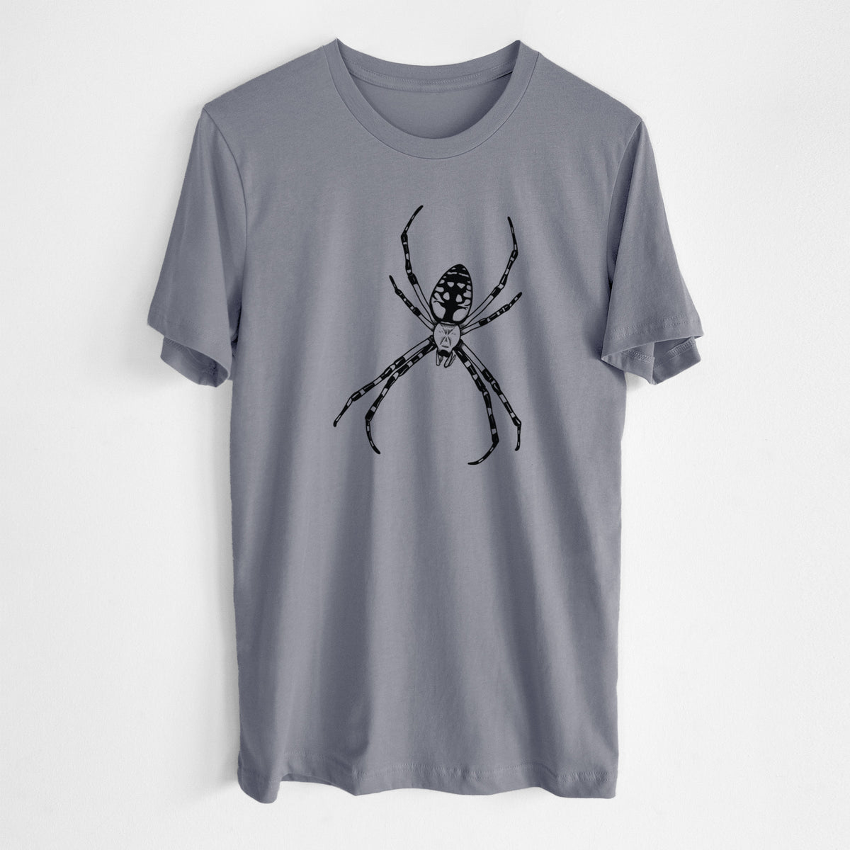 Storm grey lightweight cotton t-shirt laid flat, printed with a detailed black ink illustration of a garden spider with long striped legs.