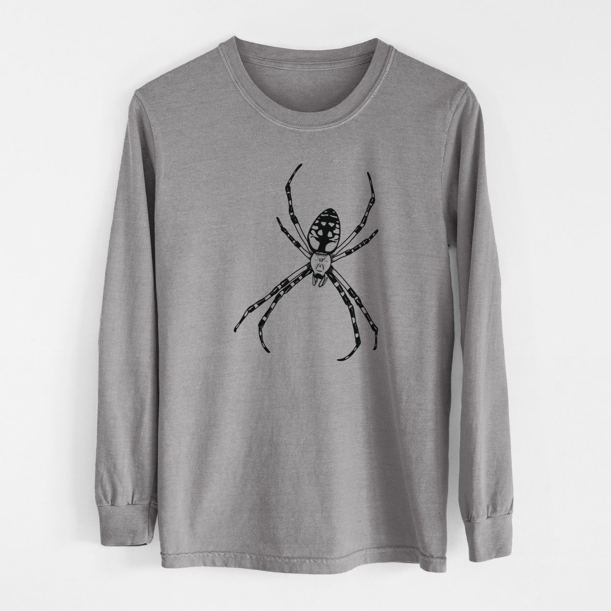 Grey Comfort Colors long sleeve shirt laid flat, printed with a detailed black ink illustration of a garden spider with long striped legs.