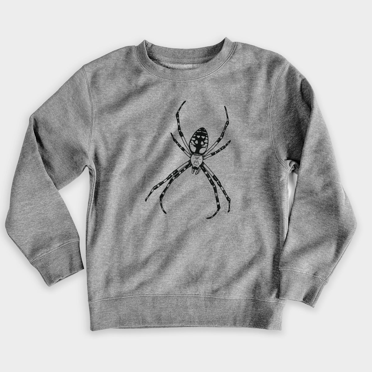 Nickel grey youth crewneck sweatshirt laid flat, printed with a detailed black ink illustration of a garden spider with long striped legs.