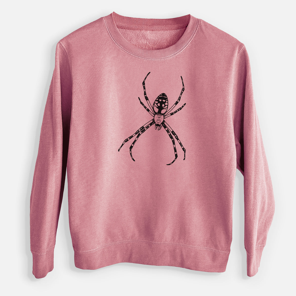 Mauve pink youth crewneck sweatshirt laid flat, printed with a detailed black ink illustration of a garden spider with long striped legs.
