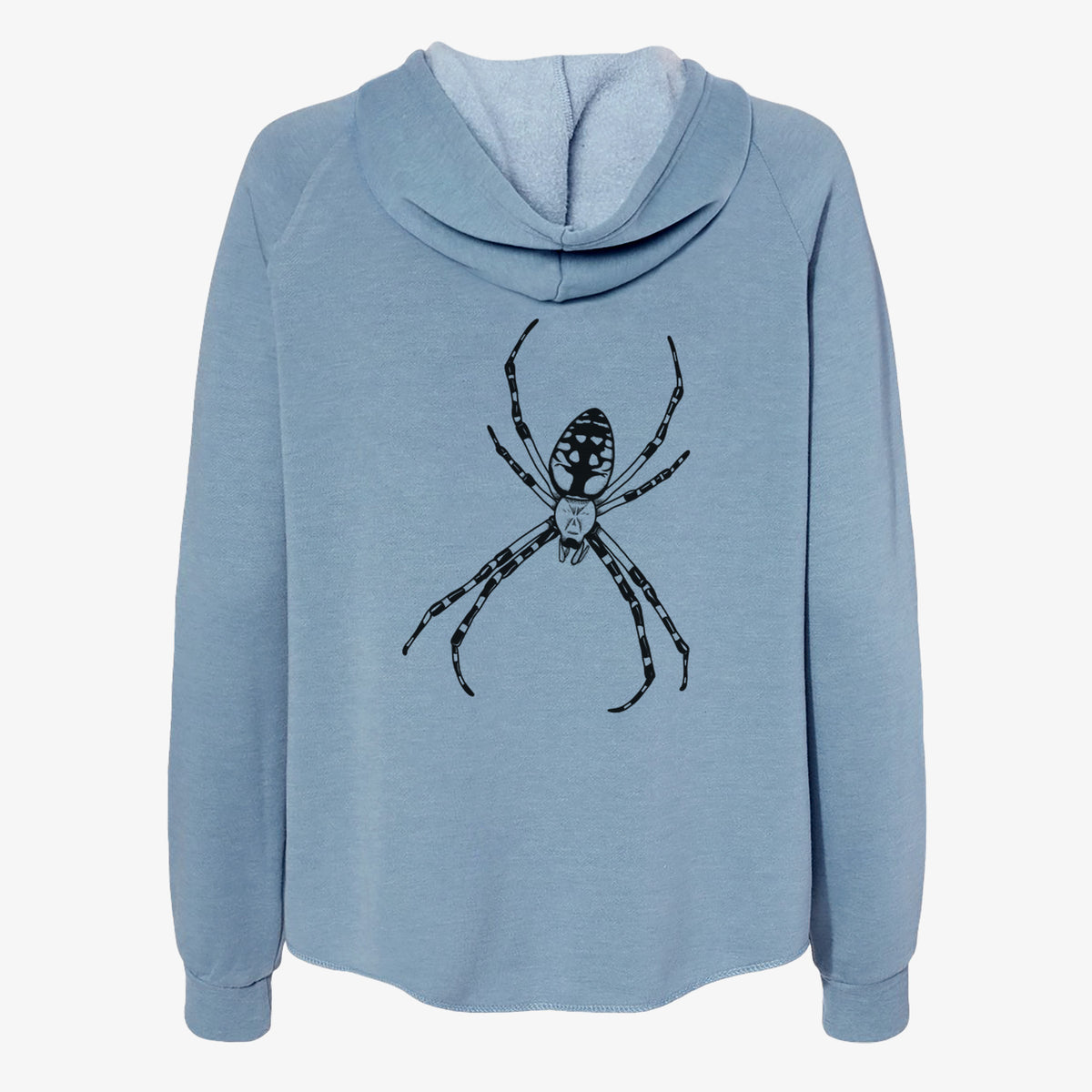 Misty blue women's Cali Wave zip-up sweatshirt laid flat, printed with a detailed black ink illustration of a garden spider with long striped legs.