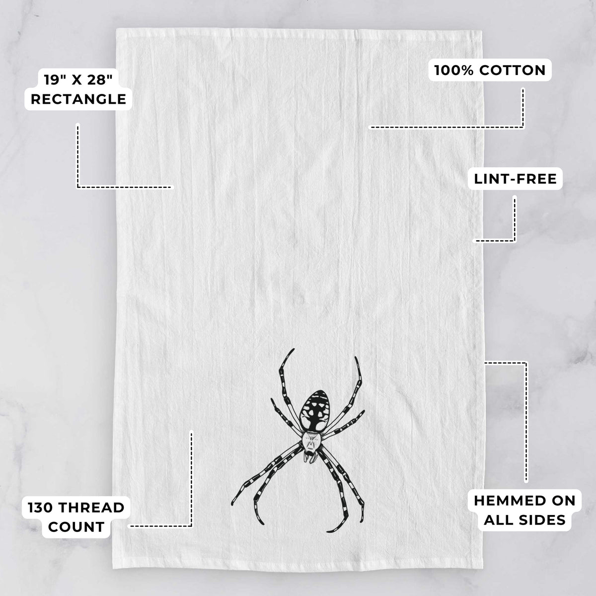 White tea towel printed with a detailed black ink illustration of a garden spider with long striped legs, with feature labels: 19 by 28 inch rectangle, 100% cotton, lint-free, 130 thread count, hemmed on all sides.