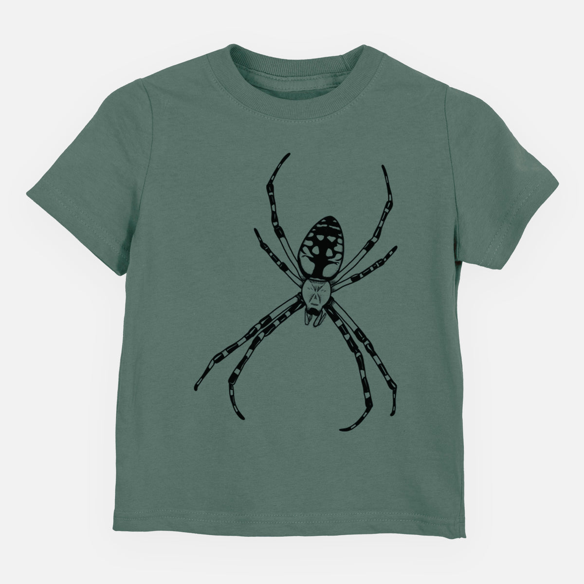 Basil green toddler t-shirt laid flat, printed with a detailed black ink illustration of a garden spider with long striped legs.