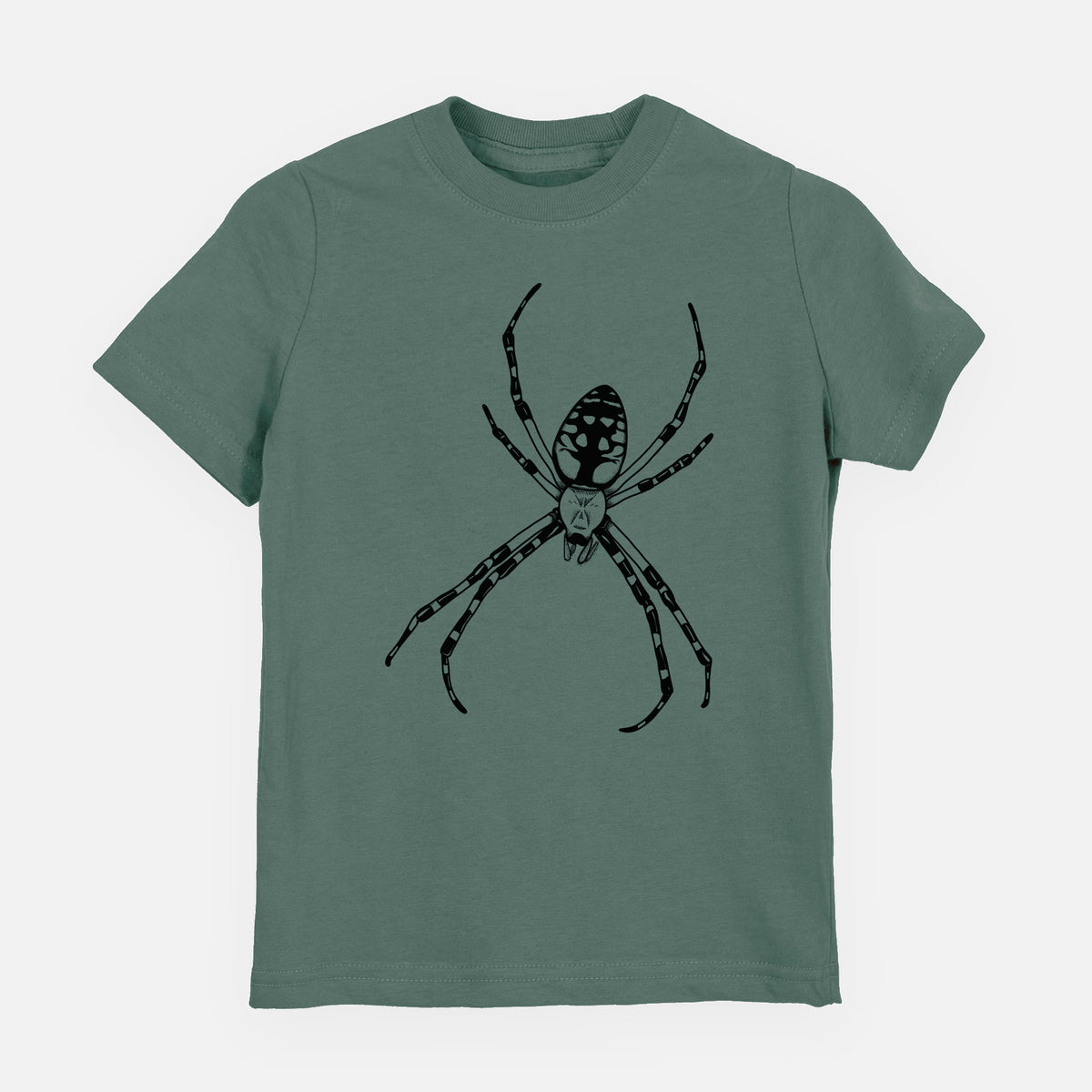 Basil green youth t-shirt laid flat, printed with a detailed black ink illustration of a garden spider with long striped legs.