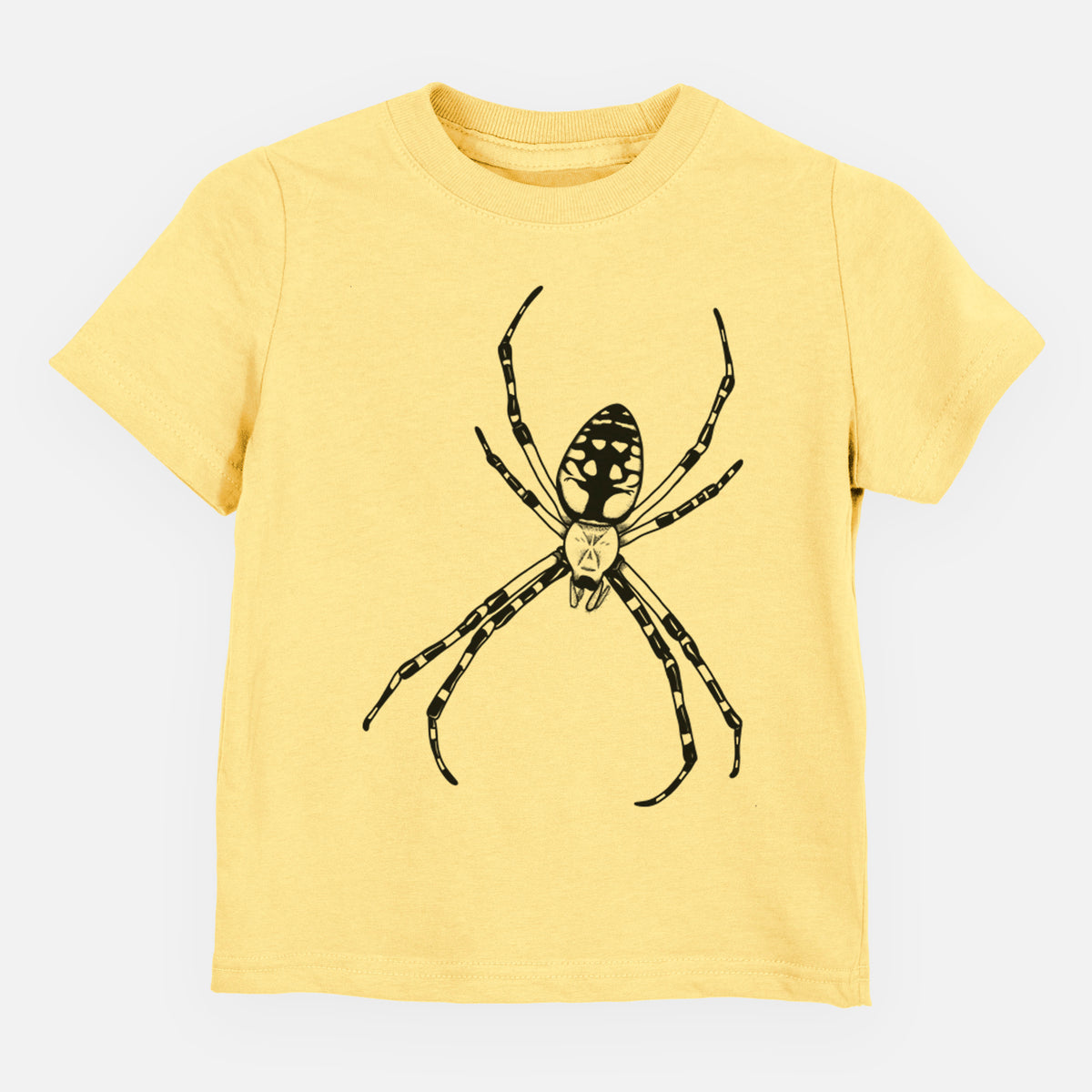 Butter yellow toddler t-shirt laid flat, printed with a detailed black ink illustration of a garden spider with long striped legs.