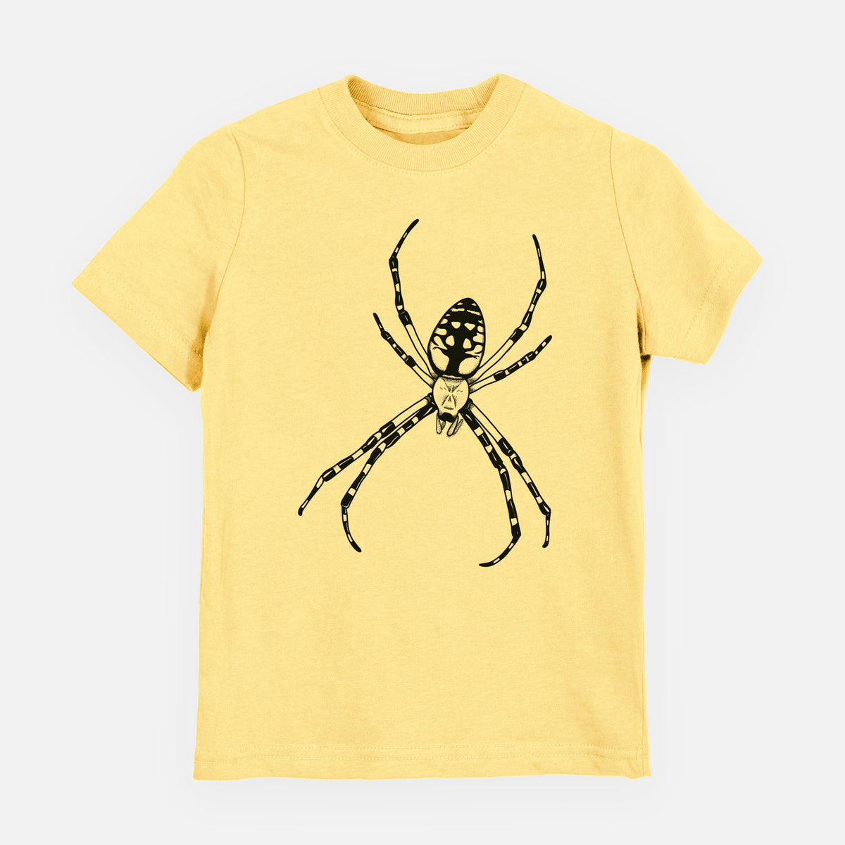 Butter yellow youth t-shirt laid flat, printed with a detailed black ink illustration of a garden spider with long striped legs.