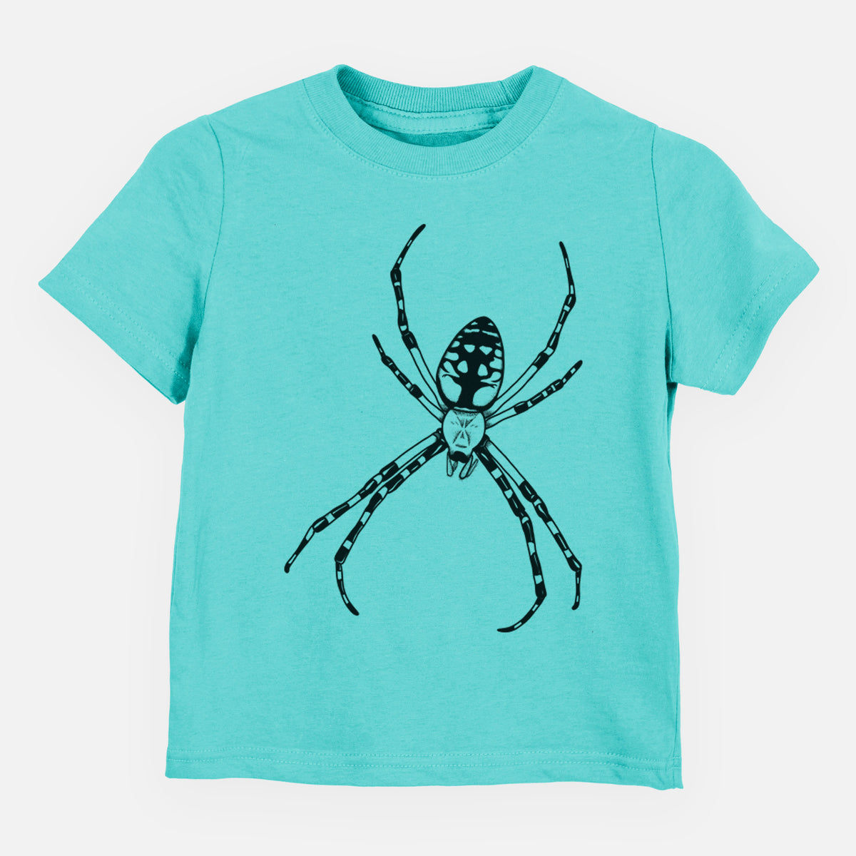 Caribbean blue toddler t-shirt laid flat, printed with a detailed black ink illustration of a garden spider with long striped legs.