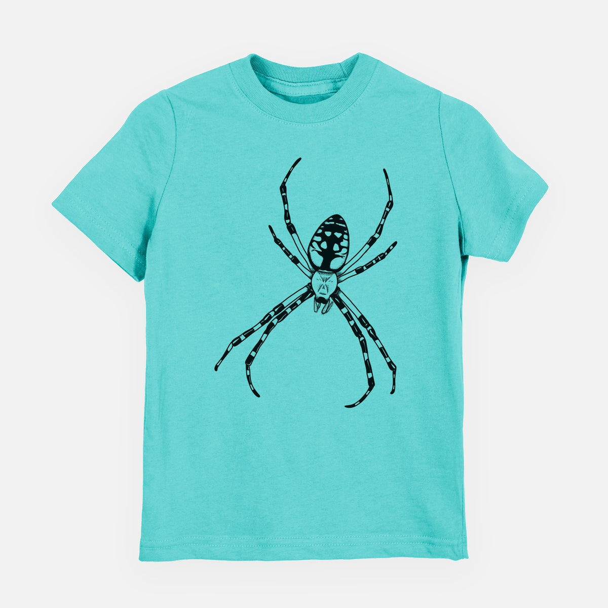 Caribbean blue youth t-shirt laid flat, printed with a detailed black ink illustration of a garden spider with long striped legs.
