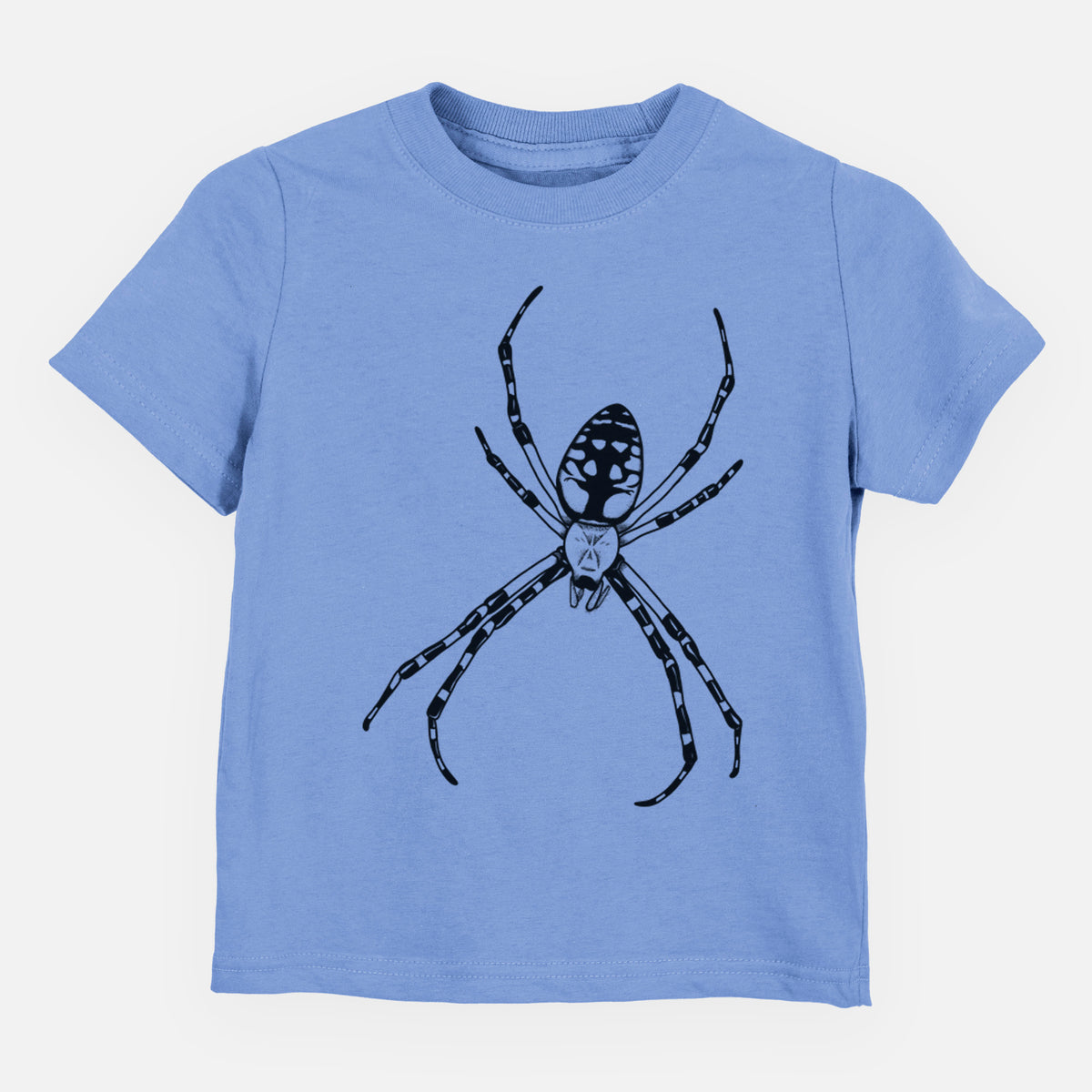 Carolina blue toddler t-shirt laid flat, printed with a detailed black ink illustration of a garden spider with long striped legs.