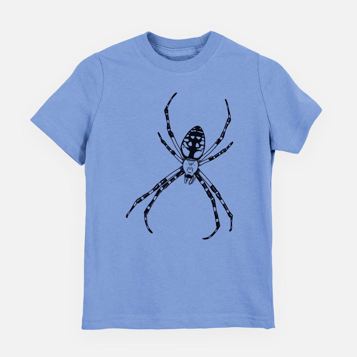 Carolina blue youth t-shirt laid flat, printed with a detailed black ink illustration of a garden spider with long striped legs.