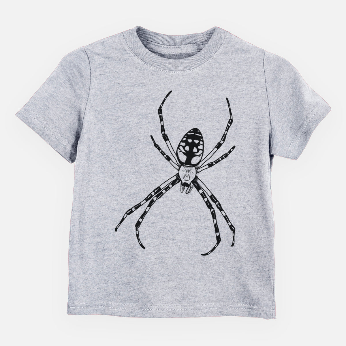 Heather grey toddler t-shirt laid flat, printed with a detailed black ink illustration of a garden spider with long striped legs.