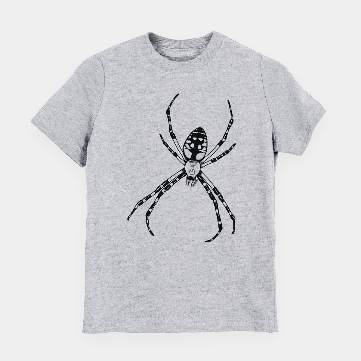 Heather grey youth t-shirt laid flat, printed with a detailed black ink illustration of a garden spider with long striped legs.