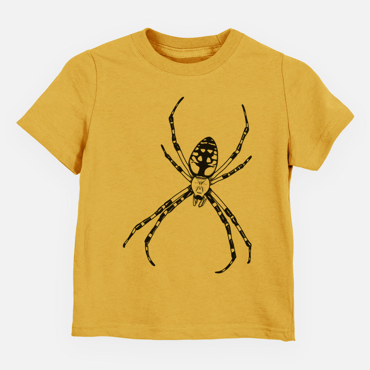 Honeycomb yellow toddler t-shirt laid flat, printed with a detailed black ink illustration of a garden spider with long striped legs.