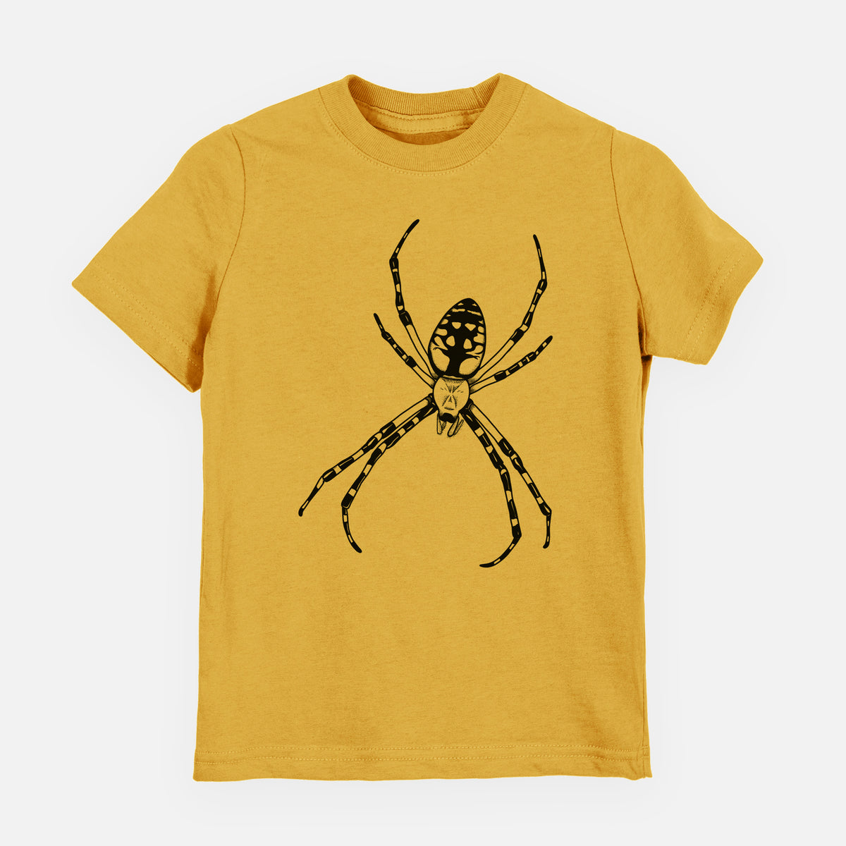 Honeycomb yellow youth t-shirt laid flat, printed with a detailed black ink illustration of a garden spider with long striped legs.