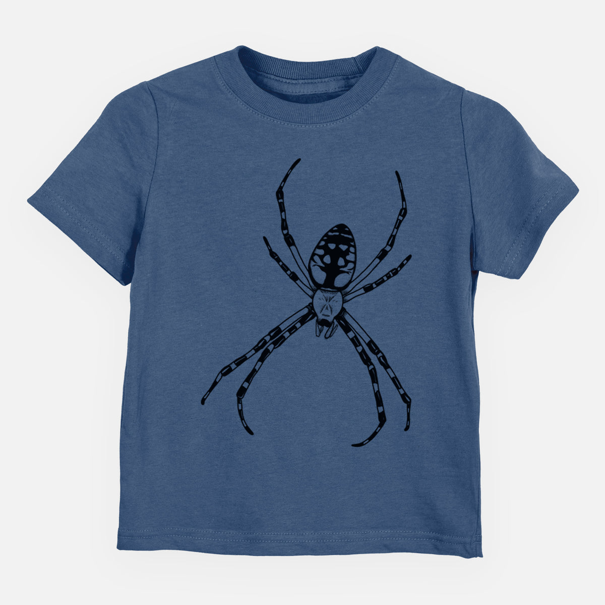 Indigo blue toddler t-shirt laid flat, printed with a detailed black ink illustration of a garden spider with long striped legs.
