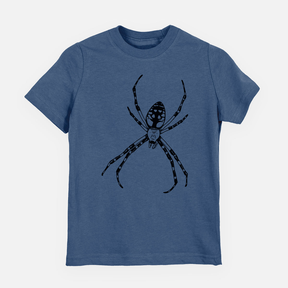Indigo blue youth t-shirt laid flat, printed with a detailed black ink illustration of a garden spider with long striped legs.