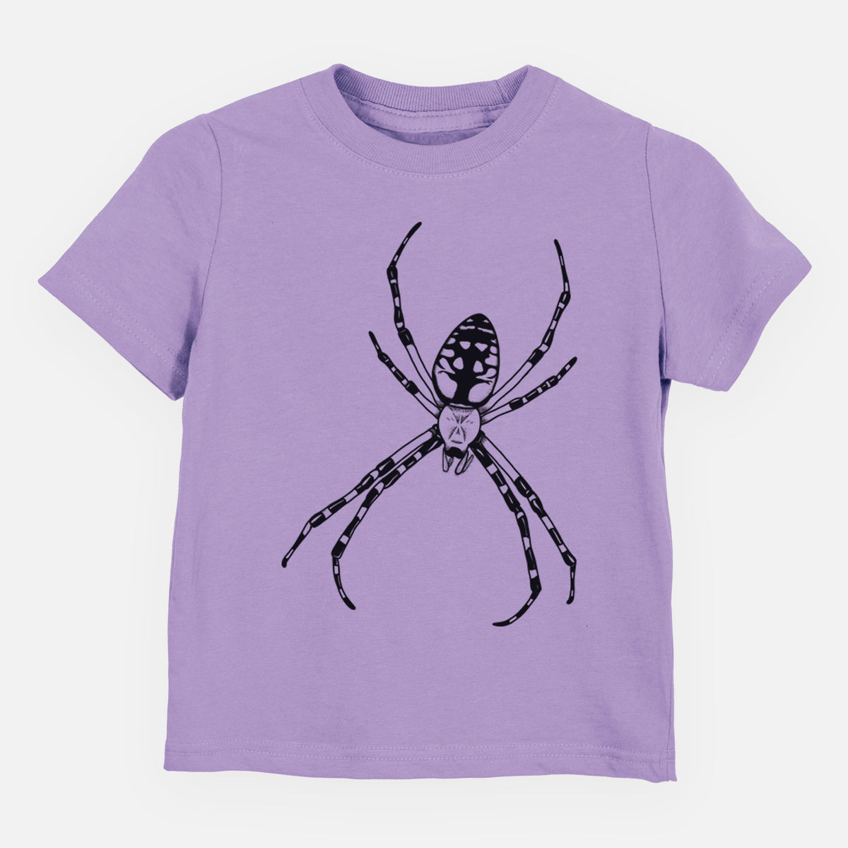Lavender toddler t-shirt laid flat, printed with a detailed black ink illustration of a garden spider with long striped legs.