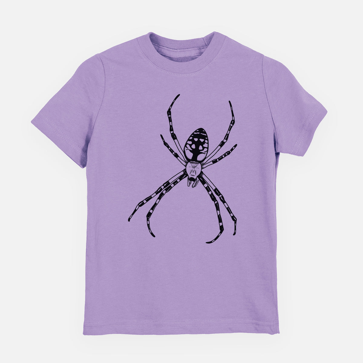 Lavender youth t-shirt laid flat, printed with a detailed black ink illustration of a garden spider with long striped legs.