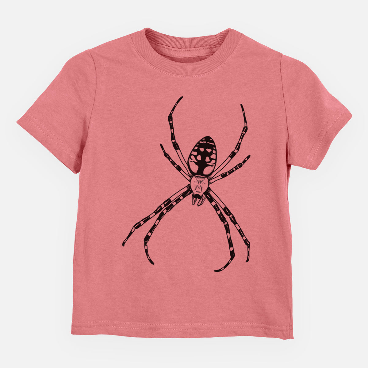 Mauve pink toddler t-shirt laid flat, printed with a detailed black ink illustration of a garden spider with long striped legs.