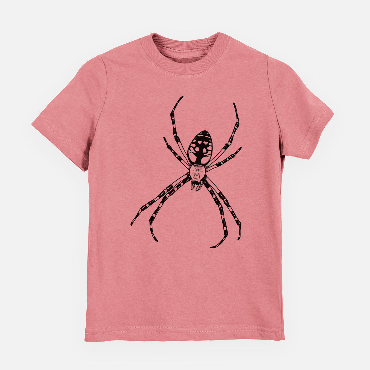 Mauve pink youth t-shirt laid flat, printed with a detailed black ink illustration of a garden spider with long striped legs.