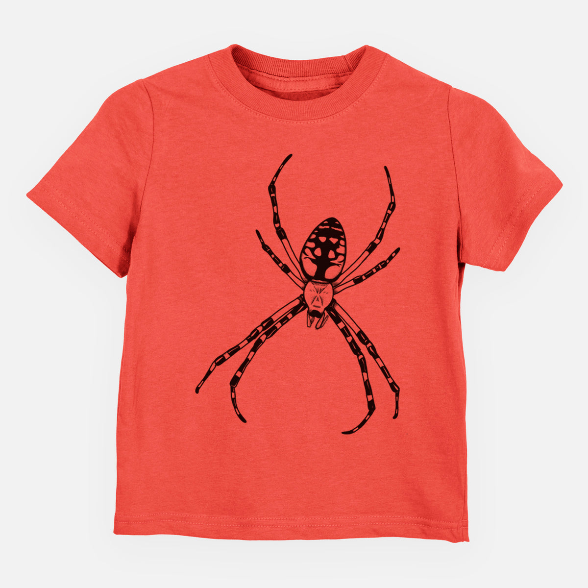 Passionfruit pink toddler t-shirt laid flat, printed with a detailed black ink illustration of a garden spider with long striped legs.