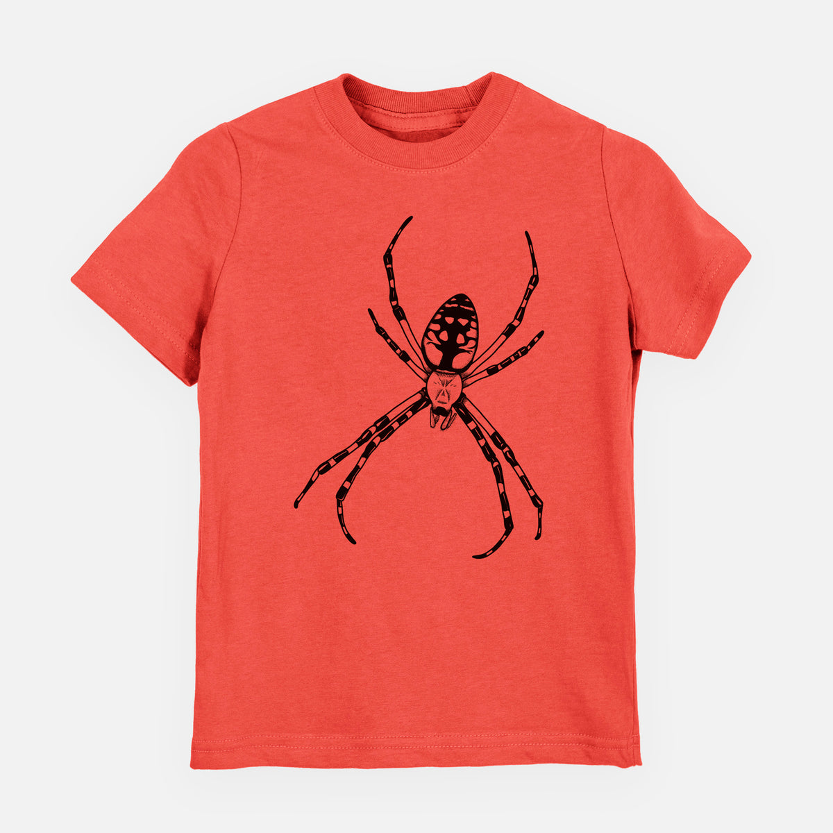 Passionfruit pink youth t-shirt laid flat, printed with a detailed black ink illustration of a garden spider with long striped legs.