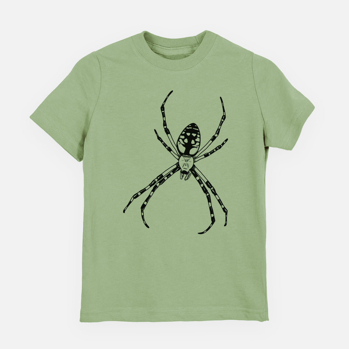 Sage green youth t-shirt laid flat, printed with a detailed black ink illustration of a garden spider with long striped legs.