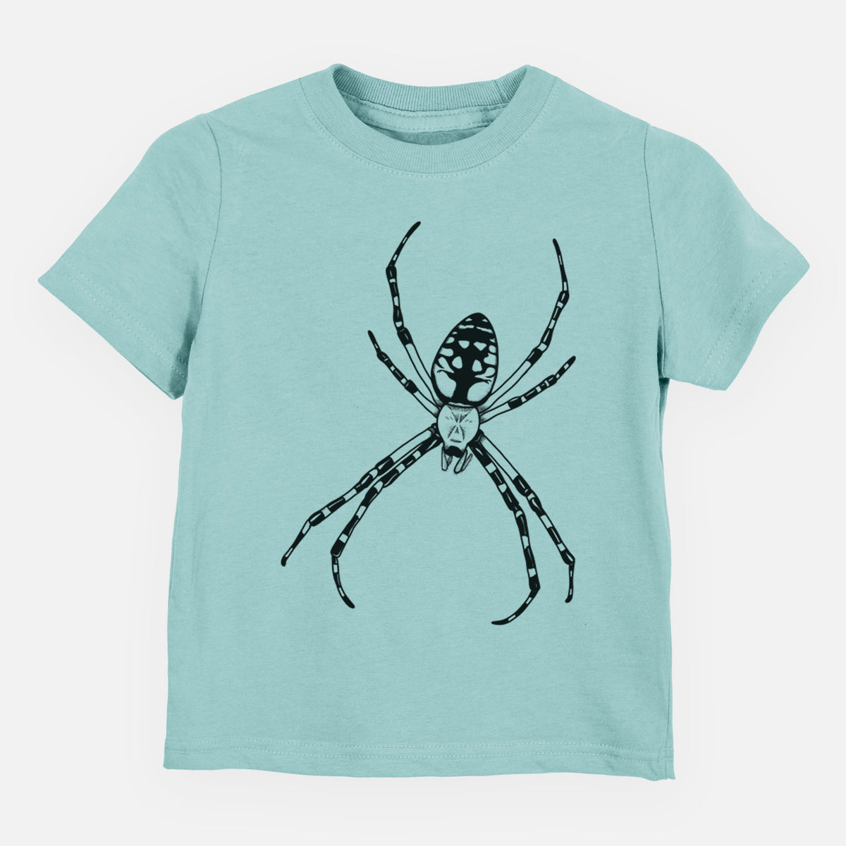 Saltwater toddler t-shirt laid flat, printed with a detailed black ink illustration of a garden spider with long striped legs.