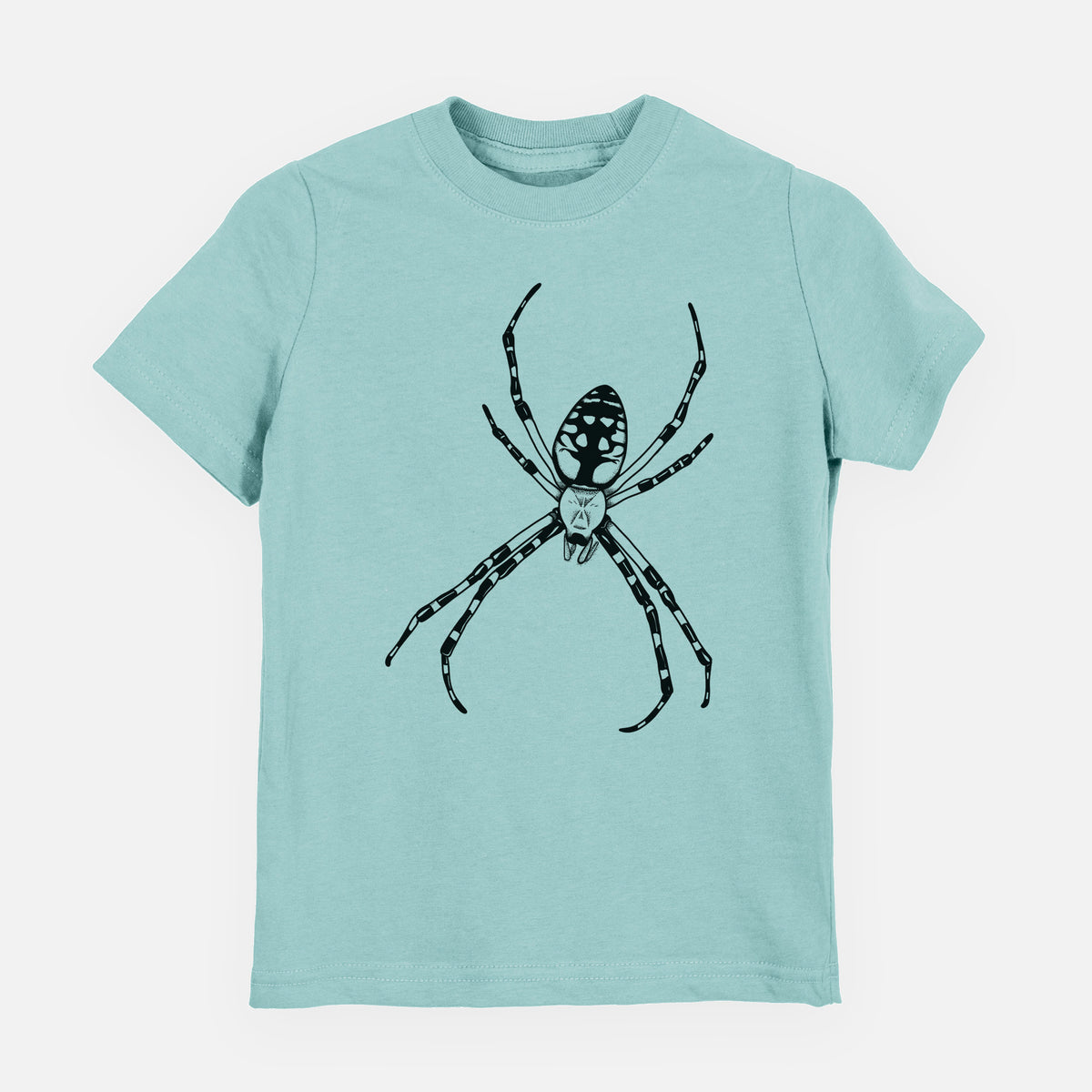 Saltwater youth t-shirt laid flat, printed with a detailed black ink illustration of a garden spider with long striped legs.