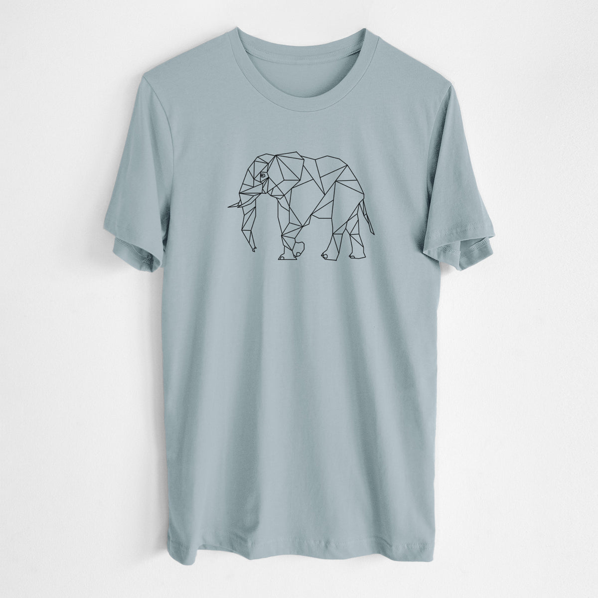 Vintage denim lightweight cotton t-shirt laid flat, printed with a black geometric line art elephant.