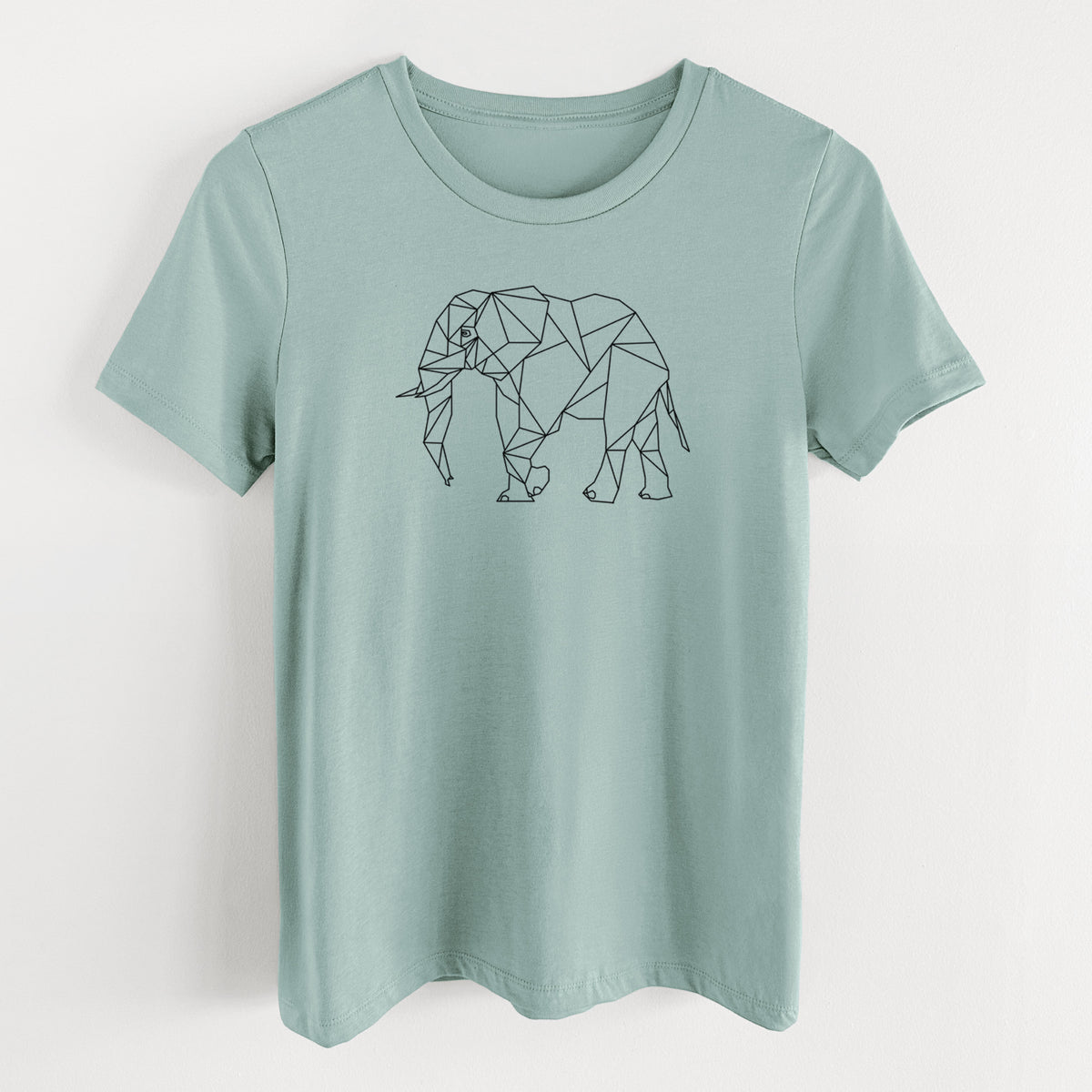 Dusty blue women's relaxed fit cotton t-shirt laid flat, printed with a black geometric line art elephant.
