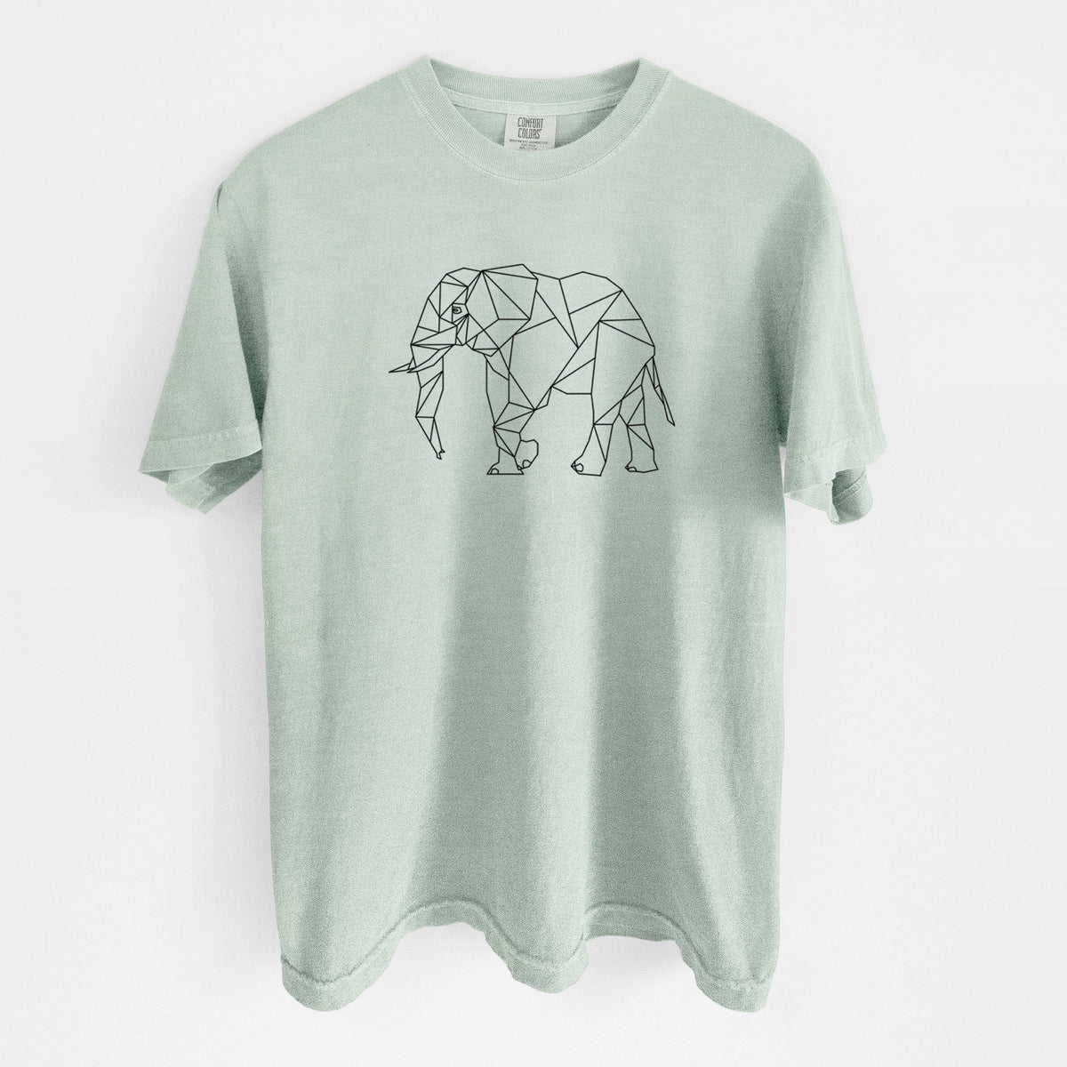 Bay green Comfort Colors t-shirt laid flat, printed with a black geometric line art elephant.