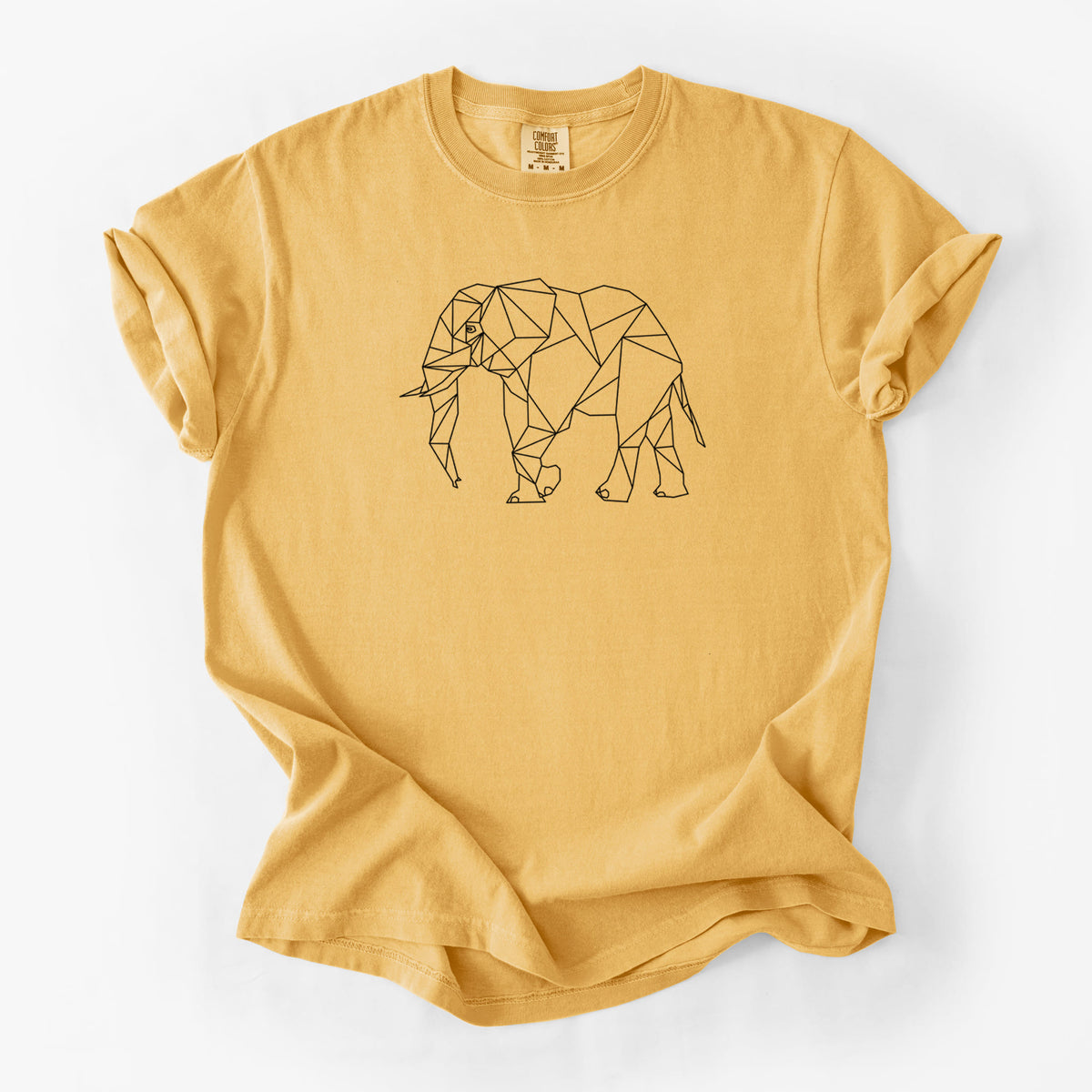 Golden wheat yellow Comfort Colors t-shirt laid flat, printed with a black geometric line art elephant.