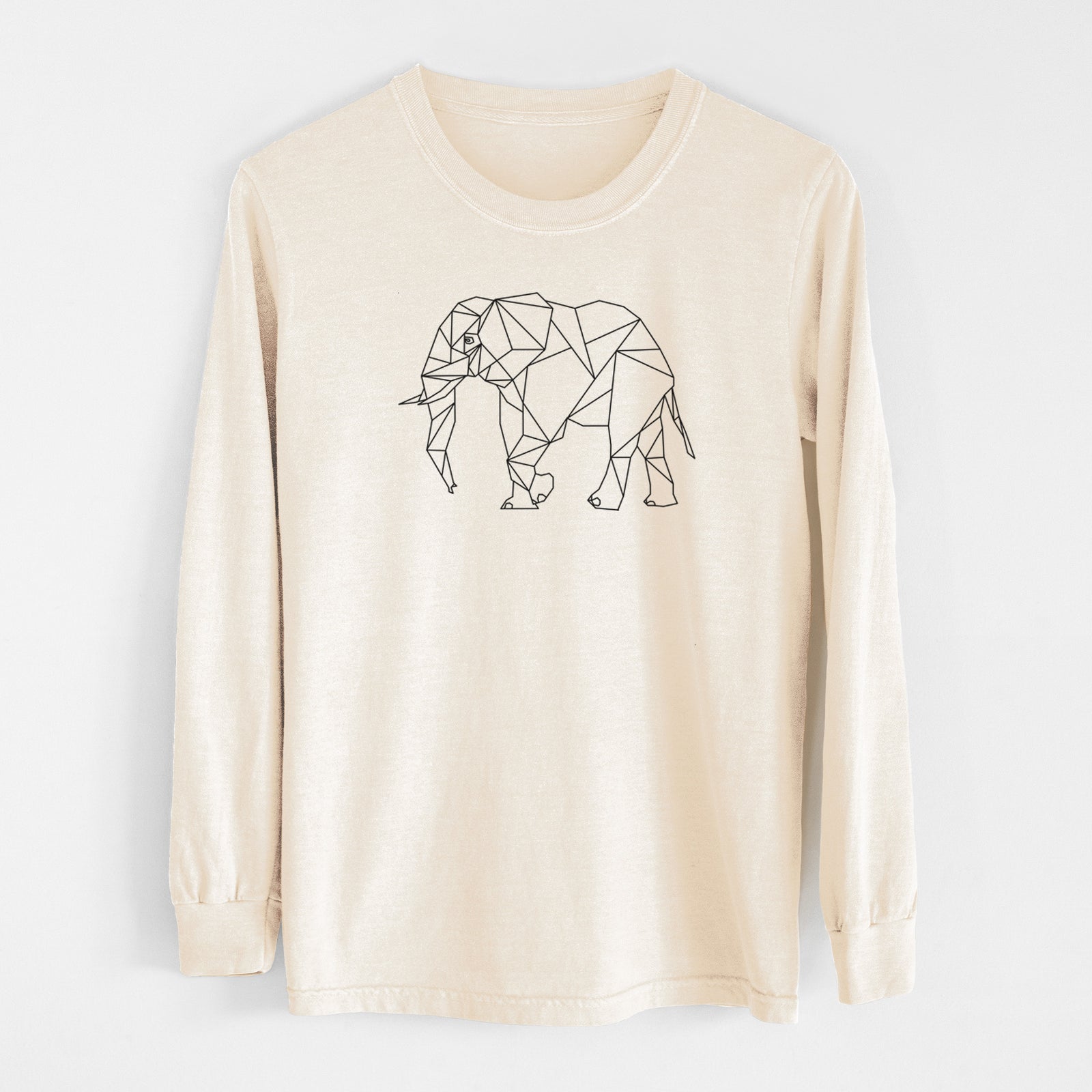 Ivory Comfort Colors long sleeve shirt laid flat, printed with a black geometric line art elephant.
