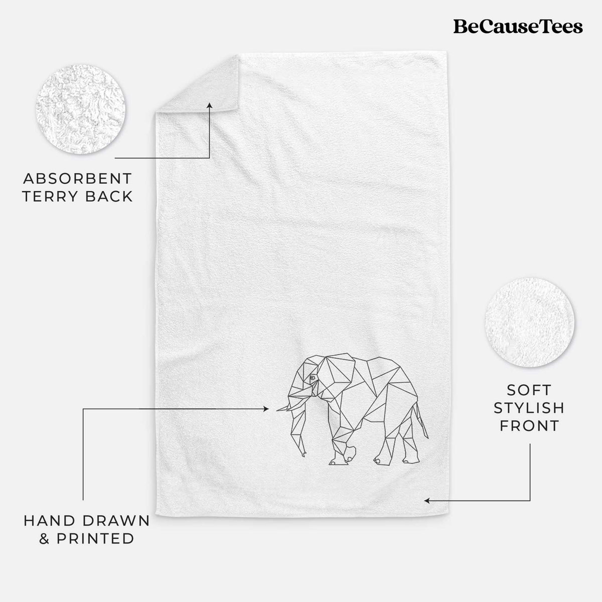 White hand towel printed with a black geometric line art elephant.