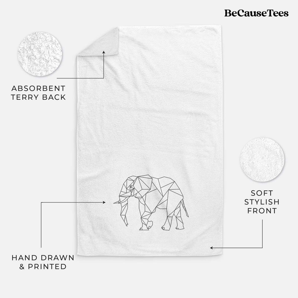 White hand towel printed with a black geometric line art elephant.